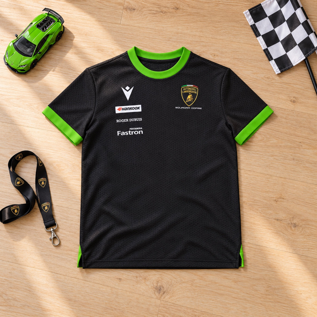 Lamborghini Squadra Corse Kinder-T-Shirt mit Sponsorenlogos – 9–12 Jahre – Illustrationsfoto (KI)