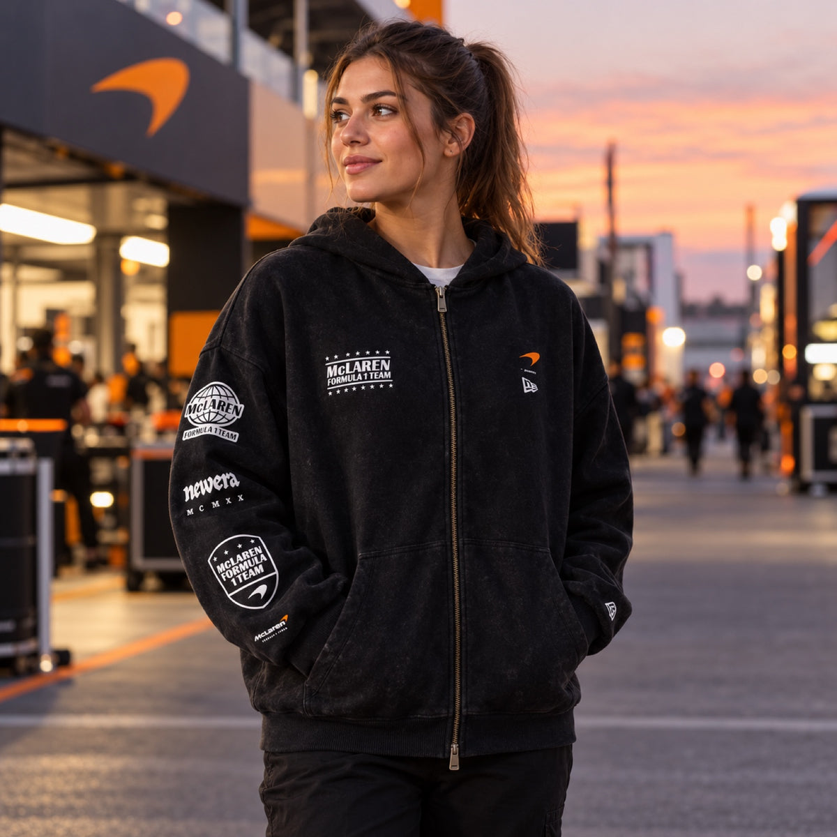McLaren F1 NE GRPHC Zip-Hoodie – Schwarz, gewaschen – Illustrationsfoto (KI)