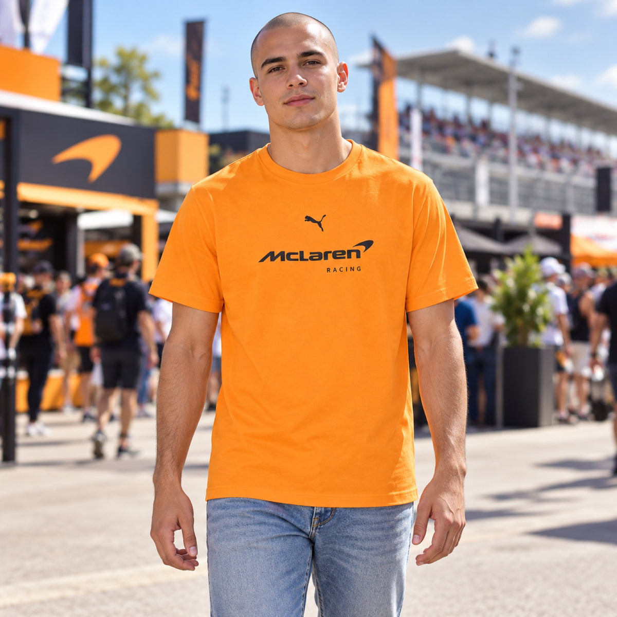 McLaren F1 T-Shirt with Puma Logo – Orange, Casual Edition – illustrative photo (AI)
