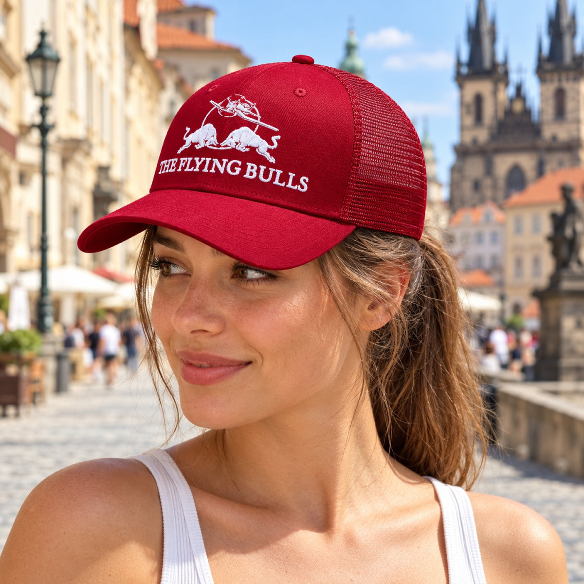 Red Bull The Flying Bulls Radar Trucker Cap mit Logo – Illustrationsfoto (KI)