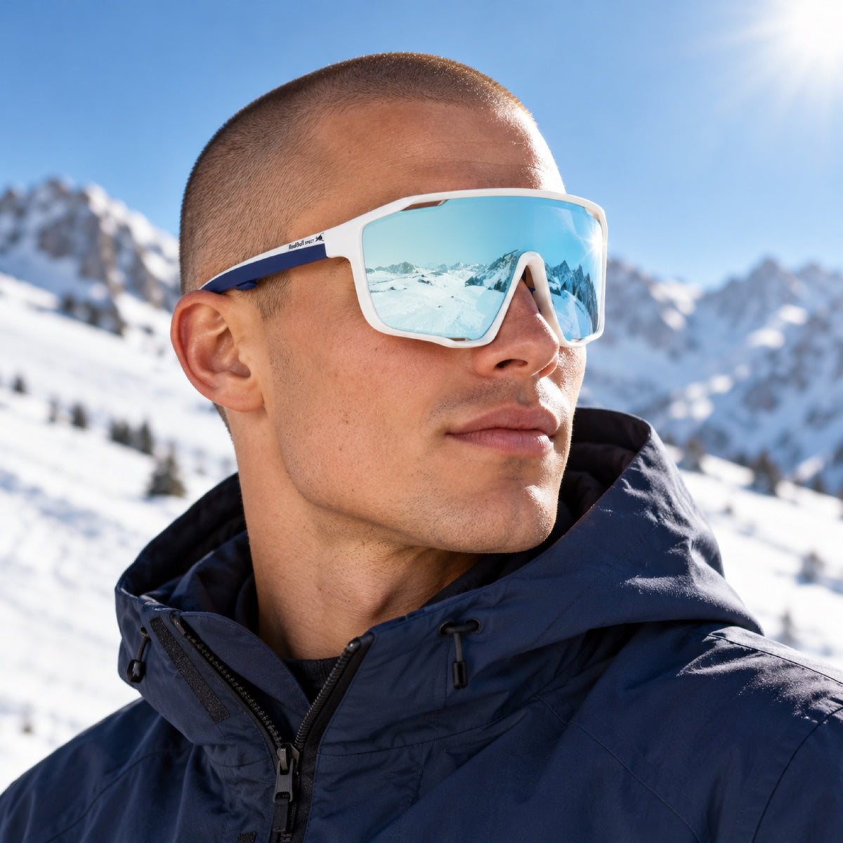 Red Bull Spect KRAFT Sonnenbrille – Weiß/Blau mit blauem Glas – Illustrationsfoto (KI)