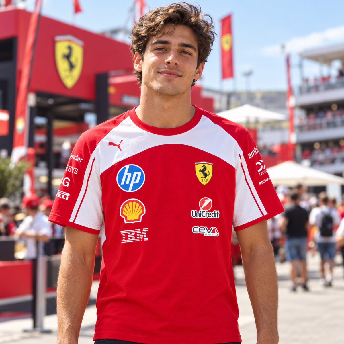 Scuderia Ferrari F1 x Puma Team-T-Shirt mit Sponsorenlogos – Illustrationsfoto (KI)