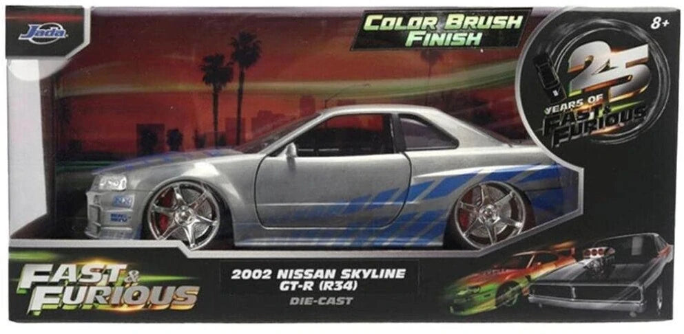 Jada Fast & Furious Brian's Nissan Skyline GT-R (R34) Modell im Maßstab 1:24 – 25th Anniversary Silver