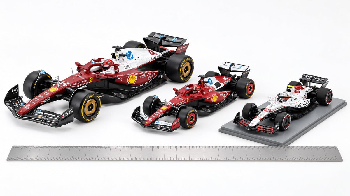 Modellauto-Maßstäbe 1:18 vs 1:24 vs 1:43 vs 1:64: Abmessungen, Details und was man wählen sollte – mit KI erstelltes Illustrationsbild