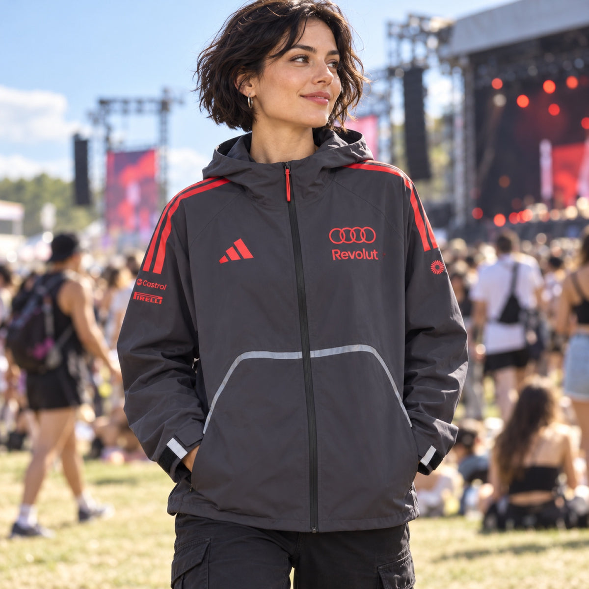 Audi Revolut F1 x Adidas leichte Team-Jacke mit Sponsorenlogos – Grau – Illustrationsfoto (KI)