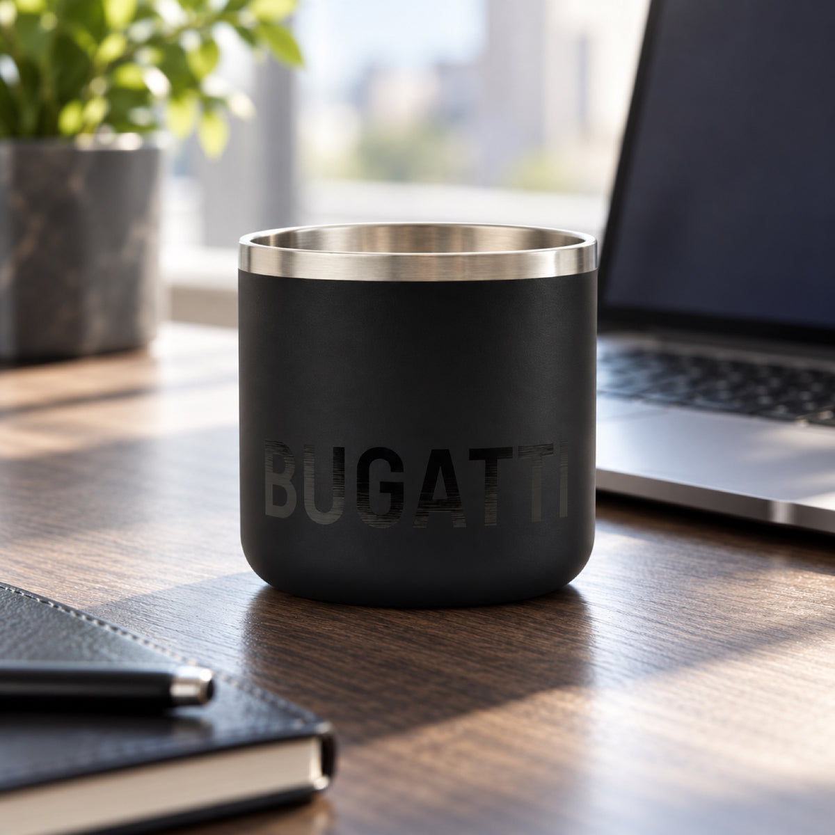 Bugatti Tasse mit Schriftzug – Schwarz – Illustrationsfoto (KI)