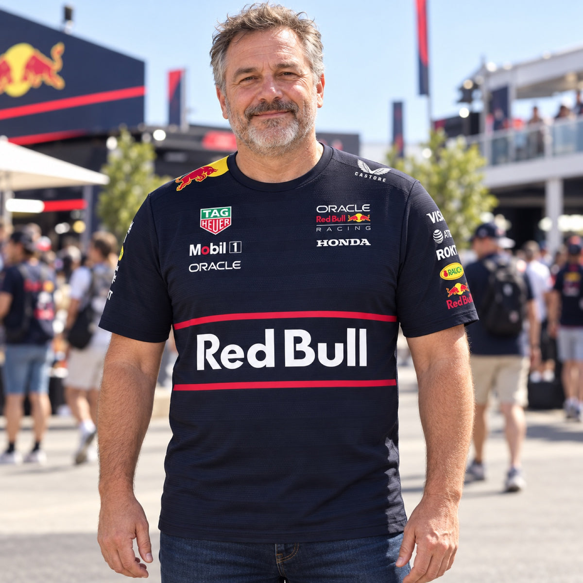 Oracle Red Bull Racing Team-T-Shirt mit Sponsorenlogos – Illustrationsfoto (KI)