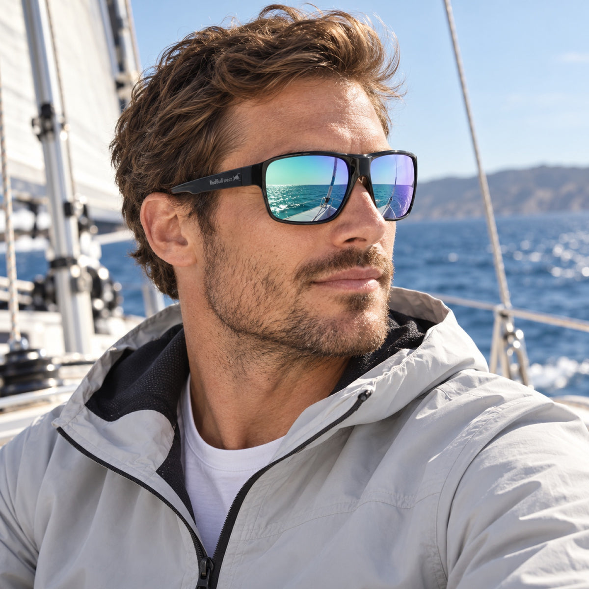 Red Bull Spect CHOP Sonnenbrille – Schwarz mit grün-violetten Gläsern – Illustrationsfoto (KI)