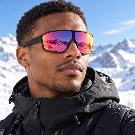 Red Bull Spect DAFT Sonnenbrille – Schwarz, blau-rotes Glas – Illustrationsfoto (KI)