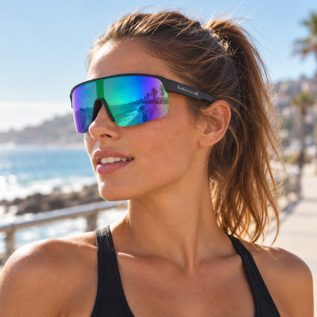 Red Bull Spect DAKOTA Sonnenbrille – Schwarz mit violett-grünem Glas – Illustrationsfoto (KI)