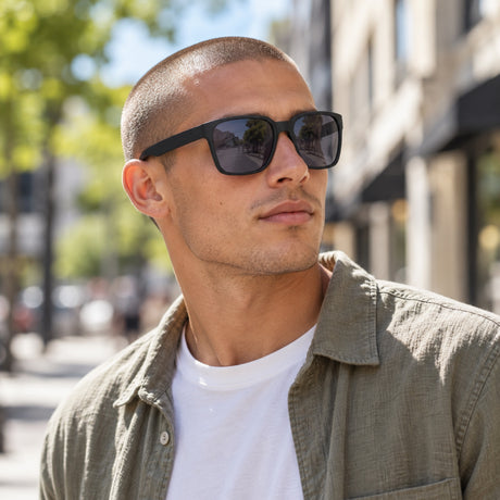 Red Bull Spect ELIOT Sonnenbrille – Schwarz mit Smoke-Gläsern – Illustrationsfoto (KI)