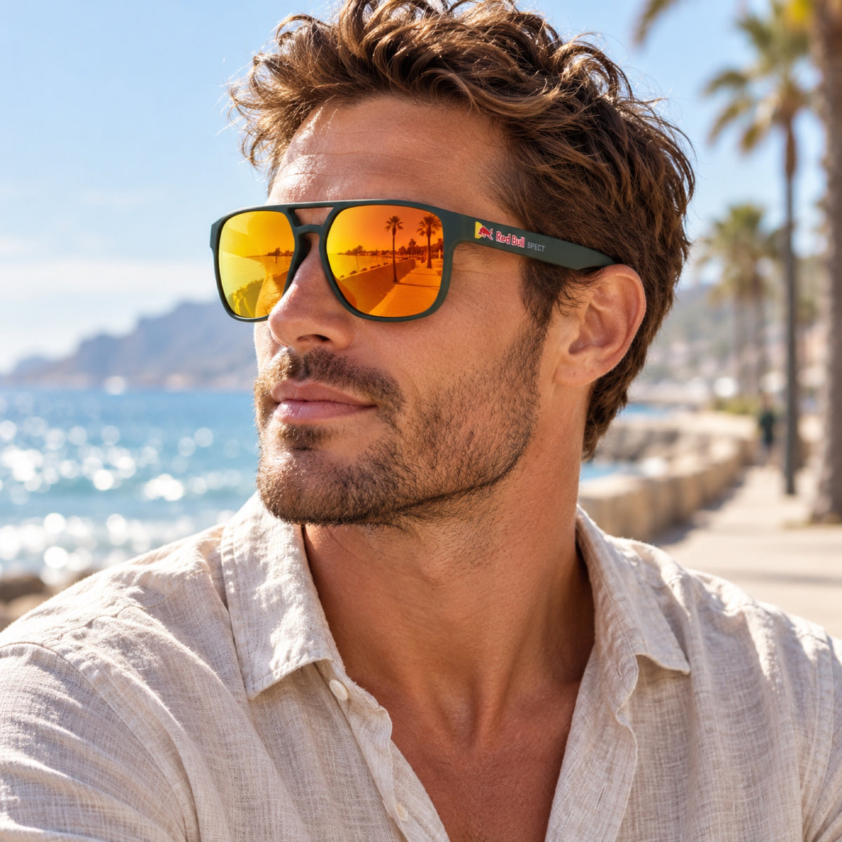 Red Bull Spect ELROY Sonnenbrille – Olivgrün mit braunen Gläsern – Illustrationsfoto (KI)