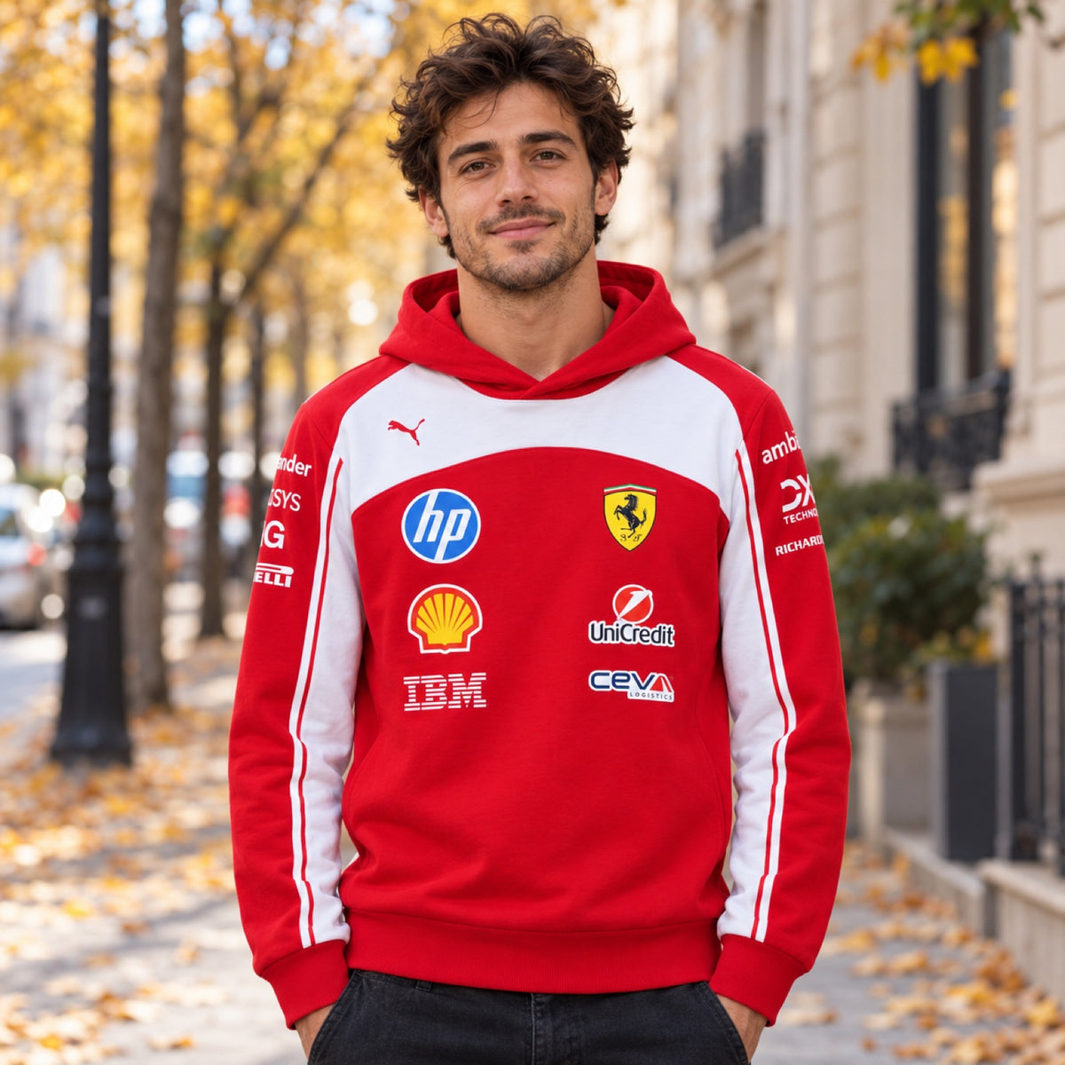 Scuderia Ferrari F1 x Puma Team-Hoodie mit Sponsorenlogos – Illustrationsfoto (KI)